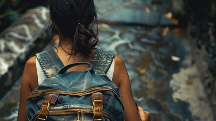 A woman walks along a winding forest path, carrying a backpack and enjoying the outdoors