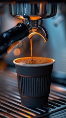 Espresso coffee being brewed into a black cup from a silver espresso machine.