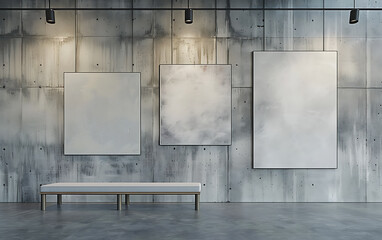 Wall Mural - Modern concrete gallery interior with empty frames on wall. Mock up, 3D Rendering