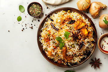 board and plate of tasty biryani with on white background.