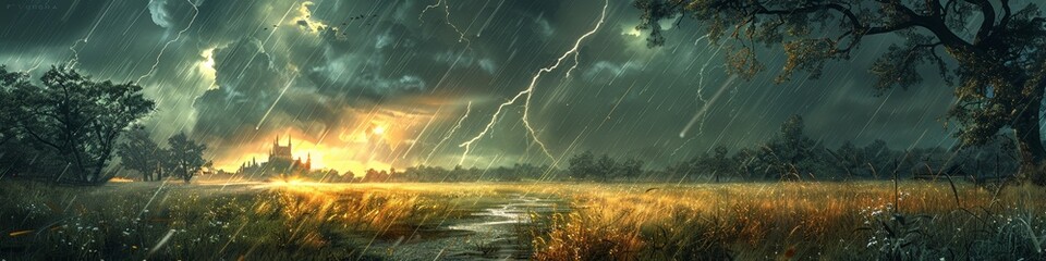 Wall Mural - A storm over a gothic castle or cathedral with lightning and grass in the foreground. 