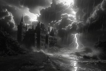 Wall Mural - A storm over a gothic castle or cathedral with lightning and grass in the foreground. 