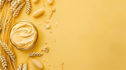 Wall Mural - Wheat spread on yellow backdrop with empty space in middle