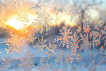 Poster - snow frost in the form of natural patterns on the window pane against the background of the morning sky