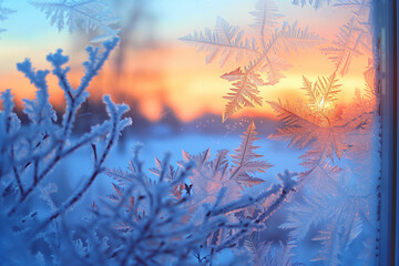 Poster - snow frost in the form of natural patterns on the window pane against the background of the morning sky