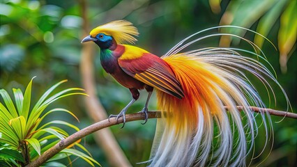 Wall Mural - Vibrant and colorful Raggiana Bird of Paradise displaying its plumage, avian, tropical, wildlife, Papua New Guinea