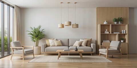 Wall Mural - Minimalist living room with neutral tones and wooden furniture, minimalist, living room, neutral tones, wooden furniture