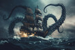 © Duckai - Kraken Attacking a Pirate Ship in a Terrifying Sea Battle for Halloween