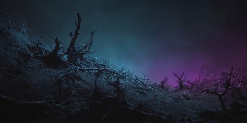 Poster - A dark, desolate landscape with a purple sky and a few trees