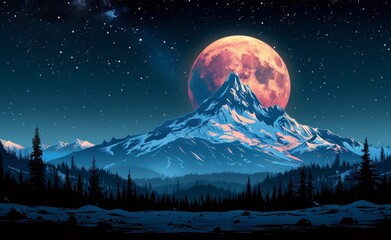 Wall Mural - A tall mountain at night with evergreen trees and snow on it. 