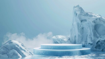 Cold mountain 3D podium with snow and ice elements, creating a frosty product presentation stage.