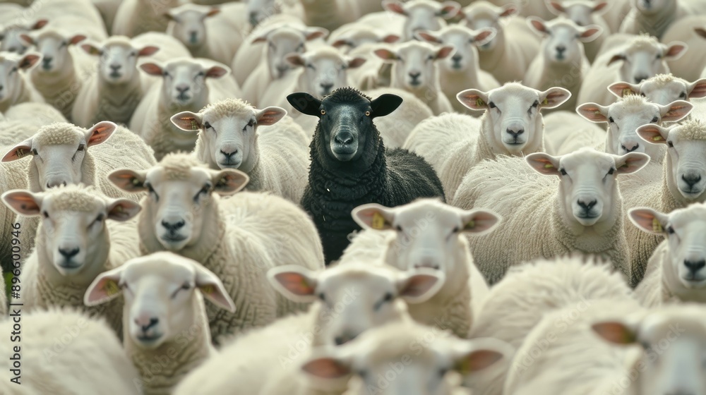 Flock of white sheep with one black sheep, illustrating the idea of ...