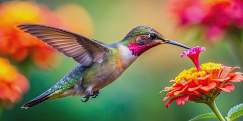 Wall Mural - Colorful hummingbird feeding on a vibrant flower, hummingbird, colorful, vibrant, feeding, flower, nectar, wings