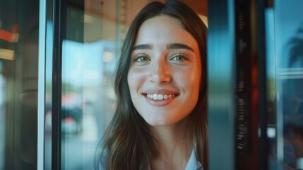 a woman looks out of a window with a thoughtful expression