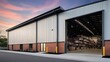 © ASGraphicsB24 - Industrial warehouse building exterior with large windows and doors.
