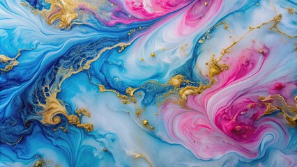 Wall Mural - Blue, pink, and gold ink swirling on marble surface, marble, abstract, artistic, elegant, beautiful, colors, swirls