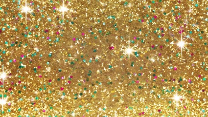 Wall Mural - Sparkling Gold Glitter Background with Stars and Confetti.