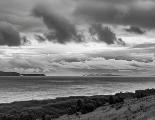 Wall Mural - Beautiful cloudy sky in a black and white photograph on a rainy day