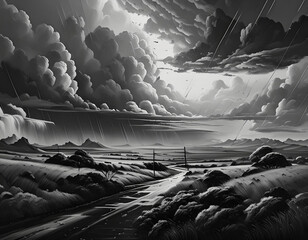 Wall Mural - Beautiful cloudy sky in a black and white photograph on a rainy day