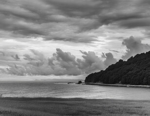Wall Mural - Beautiful cloudy sky in a black and white photograph on a rainy day
