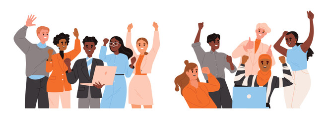 Poster - Set of business teams celebrating success. Happy people entrepreneurs or office workers raising hands up. Colleagues rejoice at achieving success. Flat vector illustration isolated on white background