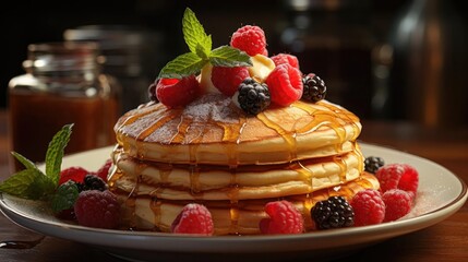 Wall Mural - Close-Up of pile of pancakes with melted sweet syrup and fruit toppings with a blurred background