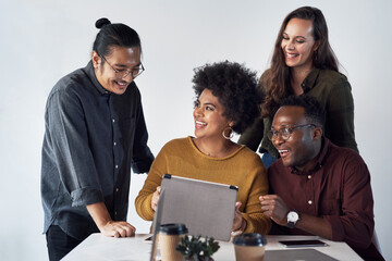 Poster - Creative, planning and business people with tablet, ideas and advice for collaboration on web design. Teamwork, men and women at desk for online brainstorming, software development or office project