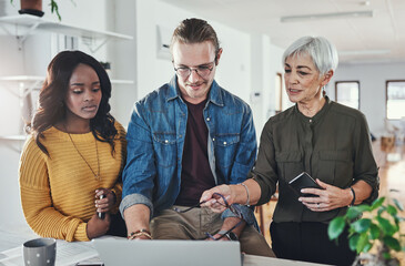 Canvas Print - Discussion, laptop and business people in office with feedback, project development or teamwork. Planning, diversity and employees for collaboration, conversation or online review at travel agency