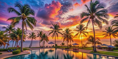 Wall Mural - tropical resort at sunset with palm trees and colorful sky , vacation, destination, travel, relaxati