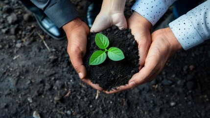 Wall Mural - Plants, sustainability and the earth in the hands of business people for teamwork, support or environment Collaborating, growing, and investing in people and the soil for the future. 