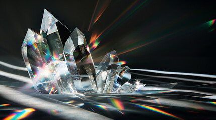 Wall Mural - light refraction through crystal, prismatic effect, black background