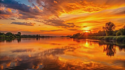 Wall Mural - sunset on the river with glowing orange sky reflecting on water , sunset, river, water, reflections,