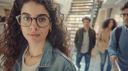 Poster - Portrait of a confident young woman wearing glasses, looking at the camera. AI.