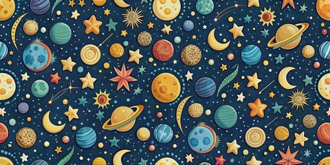 Celestial celebration seamless pattern featuring stars, moons, and planets , celestial, celebration, seamless, pattern