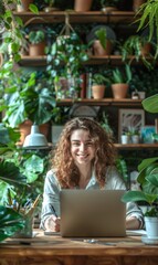 Wall Mural - A woman smiles while working on her laptop in a room full of plants. AI.