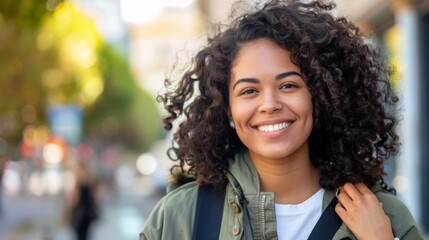 Wall Mural - A woman smiles brightly as she walks down the street. AI.