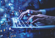 © oneli - Hands Typing on Laptop with Futuristic Digital Interface and Cybersecurity Icons