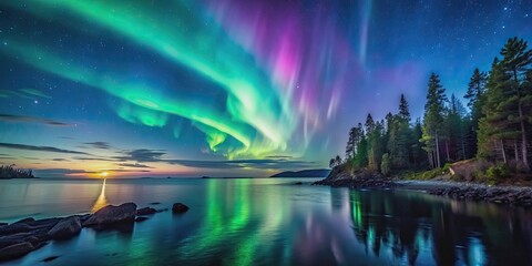 captivating nighttime sky with aurora over ocean and forest scenery, aurora, night sky, ocean, fores