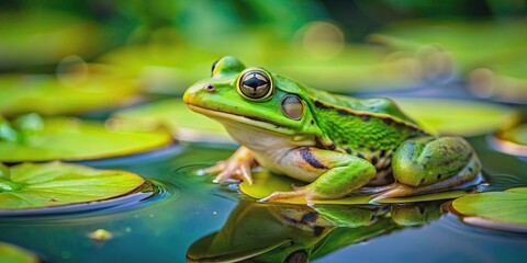 Close up of a vibrant green frog sitting on a lily pad in a pond, frog, amphibian, wildlife, nature, green, vibrant, pond