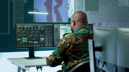 Poster - High tech military office with soldiers analyzing real time data, processing intelligence information and coordinating strategic operations to support army field missions effectively. Camera A.