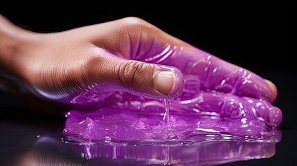 Poster - A hand in a rubber glove, a gesture of erasing, removing something from a light purple surface, a washing sponge. 