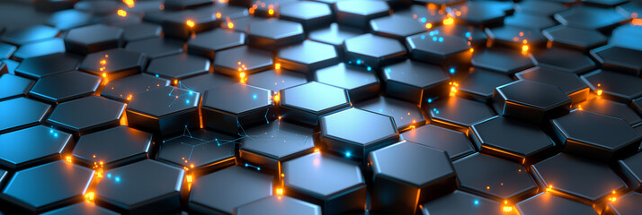 Aufkleber - Abstract dark hexagonal surface with orange particles spreading from it