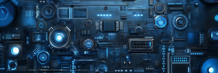 Poster - Complex futuristic circuit board glowing blue with data transferring