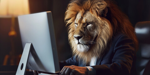 Aufkleber - Serious lion businessman working on computer at night in office