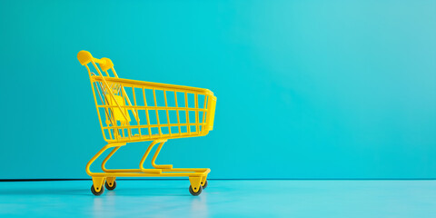 Poster - Empty shopping cart sitting on blue background with copy space
