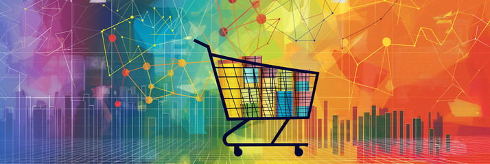 Poster - Shopping cart standing on futuristic cityscape with charts and graphs