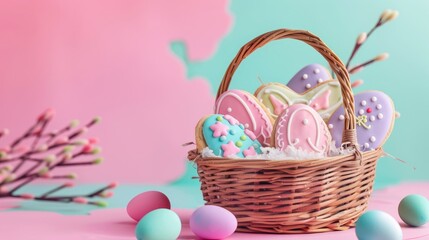 Canvas Print - Vibrant Easter Cookies and Eggs in Basket on Colorful Background