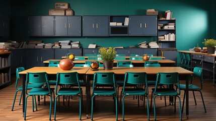 Canvas Print -  school classroom with desks chairs books blackboard and school supplies Concept of back to school