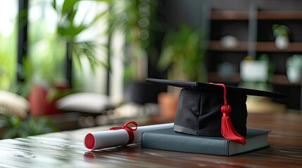 A graduation cap and diploma are displayed on a table