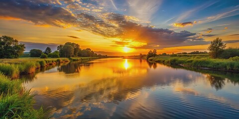 Wall Mural - sunset casting a golden glow over a tranquil river , nature, water, reflection, dusk, peaceful, sky,
